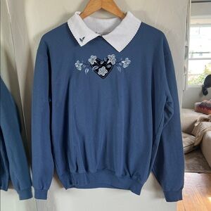 Vintage Blue Embroidered Sweater with sewn on collar
